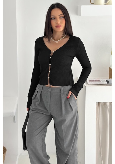 Noa & Noa Kadın Düğme Detaylı Fit Triko Bluz Zarif & Modern Stil Siyah
