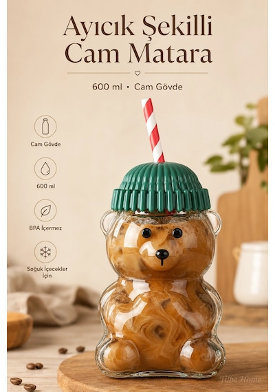 Tilbe Home Ayıcık Şekilli Cam Su Matarası 600 Ml Beyaz Pipetli Kapaklı Suluk Soğuk İçecek Kokteyl Bardağı Sevim
