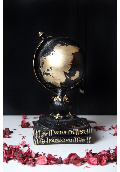 Doremcy Dekoratif Gümüş Kitaplı Dünya Küre Ev Ve Ofis Hediyelik Polyester Döküm Biblo Siyah (Gold Detaylı)