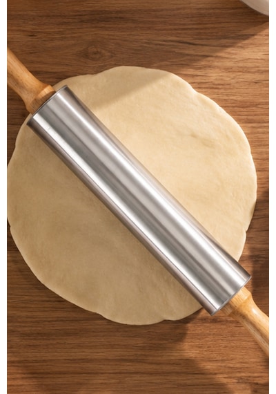 Porsima Mnb05773 Ahşap Saplı Paslanmaz Çelik Merdane Oklava Hamur Pizza Börek Açma Oklava 43cm