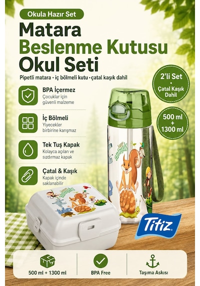 Okul İçin Plastik Çocuk Su Matarası Ve Beslenme Kabı Seti 500 Ml Yeşil