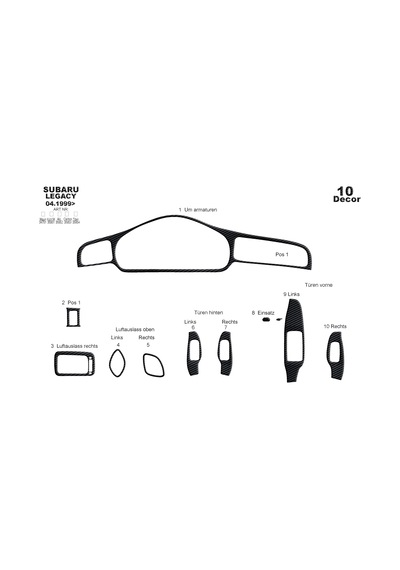 Subaru Legacy Torpido Kaplama 1999-2004 10 Parça Siyah Karbon