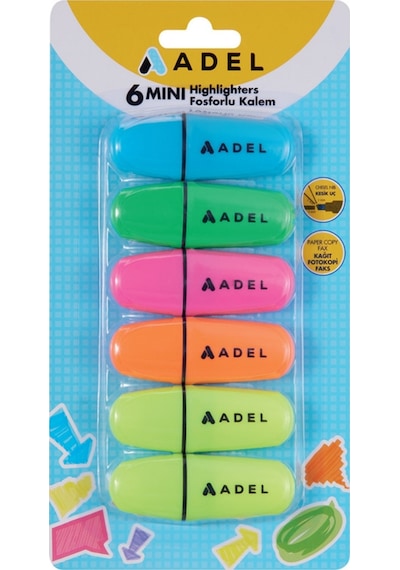 Mini Fosforlu Kalem 6'lı Set,su Bazlı Mürekkep,3 Farklı Kalınlıkta İşaretleme Çok Renkli