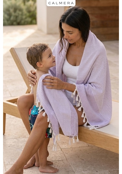 Calmera Çizgili Peştemal Pamuk - Doğal Saçaklı Plaj, Deniz, Havuz, Spa, Sauna, Spor, Seyahat Havlu - Lila