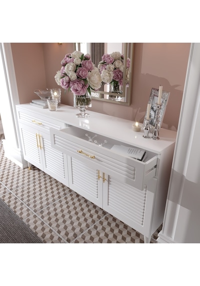 Panjurlu Mdf Membran Kapaklı 4 Kapaklı 2 Çekmeceli Konsol 180 Cm Modern Beyaz Gold Beyaz - Altın Panjurlu Mdf Membran Kapaklı 4 Kapaklı 2 Çekmeceli Konsol 180 Cm Modern Beyaz Gold Beyaz - Altın