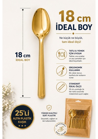 25 Li Altın Plastik Kaşık 18 Cm Sert Tek Kullanımlık