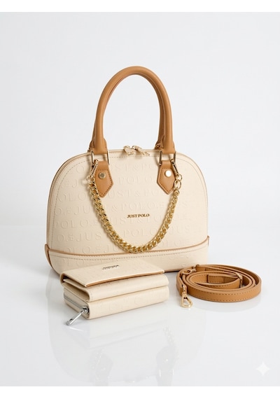 Just Polo Kadın Zincir Detaylı Lüks El & Omuz Çantası Ve Cüzdanı Kombin Shopper Ebat : 25x22 Cm Krem - Camel
