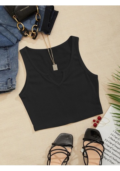 Liona V Yaka Siyah Renk Fitilli Crop Top Bluz Siyah