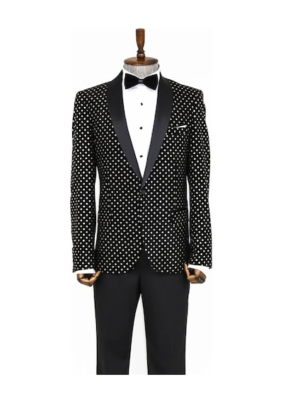 Wessi Nokta Desenli Slim Fit Siyah Erkek Smokin Ceket Siyah