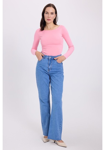 Tudors Kadın Slim Fit Dar Kesim Pamuklu Modal Kumaş Uzun Kollu Kayık Yaka Pembe Bluz-38883 Pembe