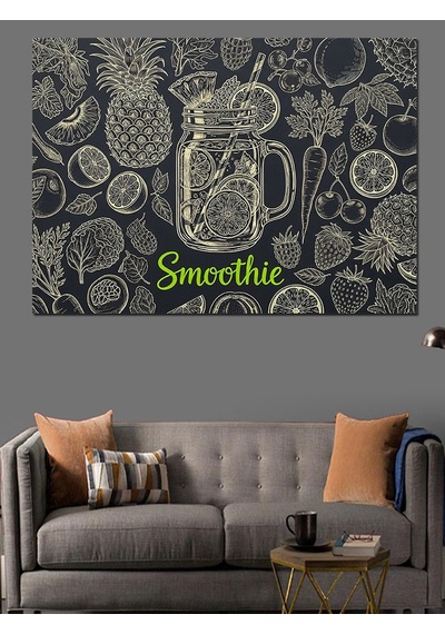 Siyah Beyaz Meyve Desenleri Ve Smoothie Bardağı Dekoratif Kanvas - Mdf Ahşap Tablo
