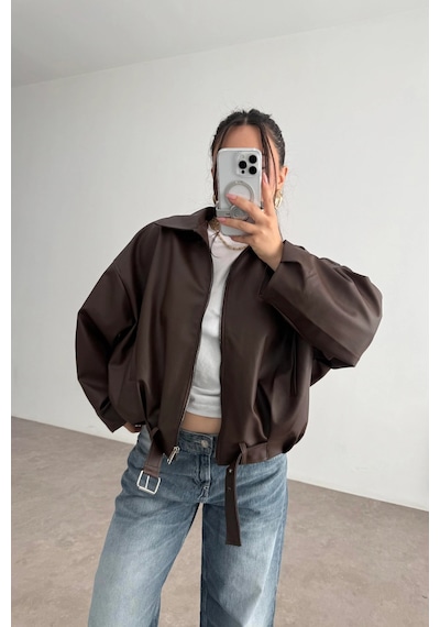 Pop Story Kadın Oversize Bomber Premium Deri Ceket Kemerli Kahverengi Kahverengi