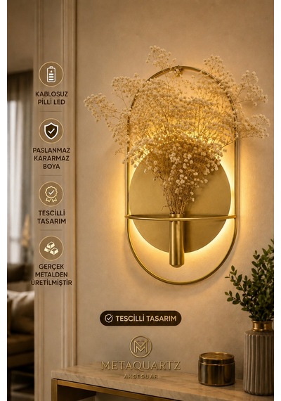 Gold Aplik Model Çiçeklik 1 Adet + Cipso Çiçek 1 Adet , Modern Dekoratif Duvar Dekoru Gold - 699584521