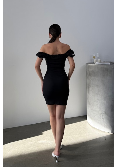Msm Fashion Kadın Elbise Mini Yazlık Kısa Kollu Yaka Detaylı Esnek Bodycon Elbise Siyah