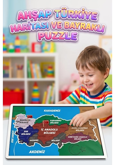 Benim Güzel Vatanım Ahşap Türkiye Haritası Ve Bayrağı Eğitici Montessori Çocuk Puzzle