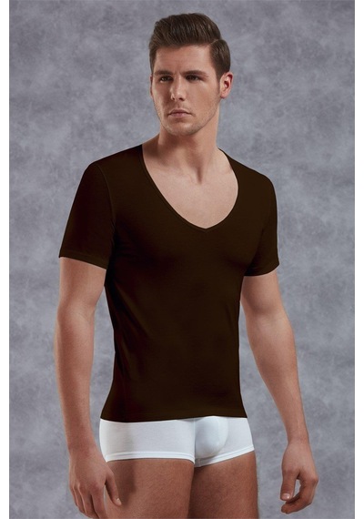 Doreanse Erkek Modal Derin V Yaka Kısa Kol T Shirt 2820 Kahve Kahverengi