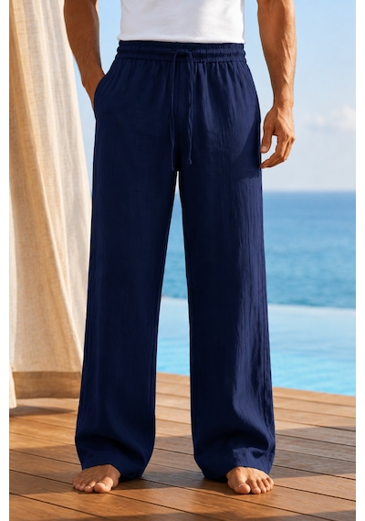 Tarz Cool Erkek Müslin Keten Karışımlı Rahat Kalıp Beli Lastikli Bağcıklı Yazlık Pantolon Lacivert Tarz Cool Erkek Müslin Keten Karışımlı Rahat Kalıp Beli Lastikli Bağcıklı Yazlık Pantolon Lacivert