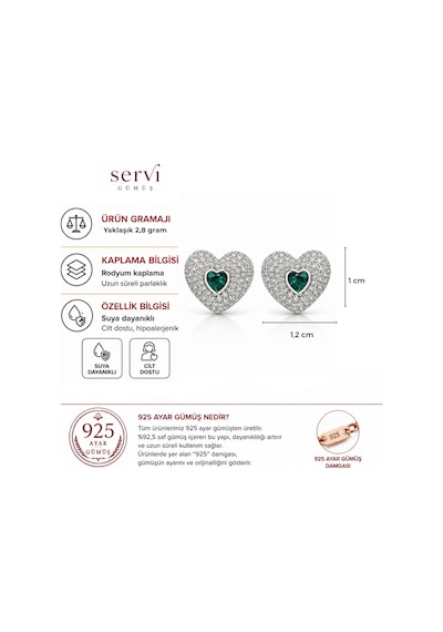 Servi 925 Ayar Gümüş Emerald Love Zümrüt Rengi Taşlı Kalp Küpe-542