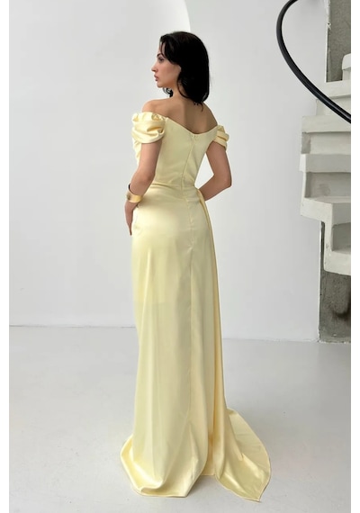 Feminist Sarı Drape Detaylı Saten Kumaş Abiye Elbise 9704858.11 Sarı