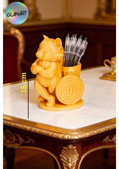 3 Boyutlu Kedi Figürlü Masa Üstü Kalemlik 3d Filament 1 Adet Sarı