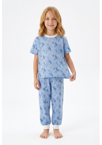 Bunny Hopp Kız Çocuk Pijama Takımı %100 Pamuk Flamingo Desenli Yazlık Kısa Kollu Mavi