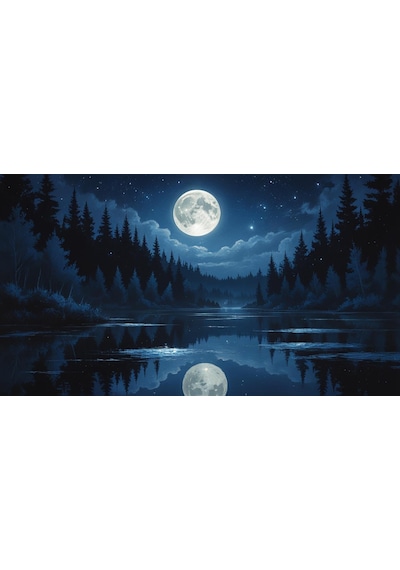 Doğa Ve Manzara Yatay Sakin Bir Gölün Üzerinde Parlayan Dolunay Suda Yansıyan Yıldızlar 04 Çerçevesiz 90x60cm Pvc Tablo
