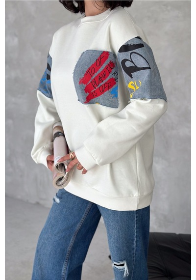 Femelle Kadın Beyaz Kot Detaylı İçi Pamuklu Sweatshirt - S76