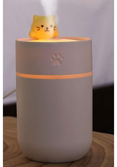 Isınan Işıklı Kedi Figürlü Ultrasonik Hava Nemlendirici - 300ml Usb Buhar Makinesi & Gece Lambası