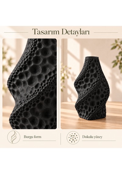 Dekoratif Vazo Burgu Formlu Taş Dokulu Modern Kuru Çiçeklik Siyah