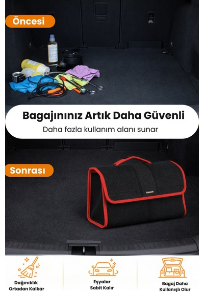 Oto Bagaj Organizer Bagaj Çantası L Boy Kaymaz Cırt Bantlı Velur Kompakt - Siyah Kırmızı