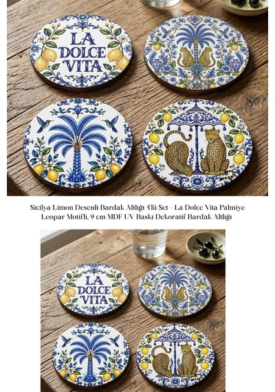 Sicilya Limon Desenli Bardak Altlığı 4lü Set La Dolce Vita 9 Cm Mdf Uv Baskı Çok Renkli