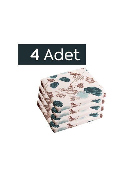 Sandalye Oturum Minderi Çiçekli 40x40x4 Bağcıklı Çıkarılabilir Kılıflı Su İtici Yeşil 4'lü Çok Renkli