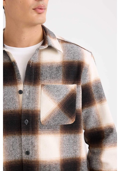 Defacto Regular Fit Polo Yaka Kareli Flanel Uzun Kollu Gömlek D2320AX24AUBN279 Kahve