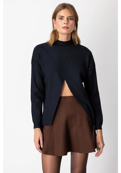 On Fashion Kadın Dik Yaka Çapraz Siyah Kazak 65343 Siyah