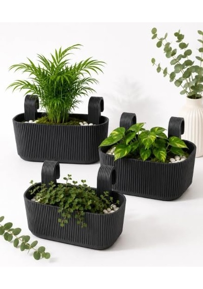 Modern Balkon Ve Küpeşte Saksısı 3,2 Litre Antrasit Plastik Askılı Dikdörtgen 3'lü Set