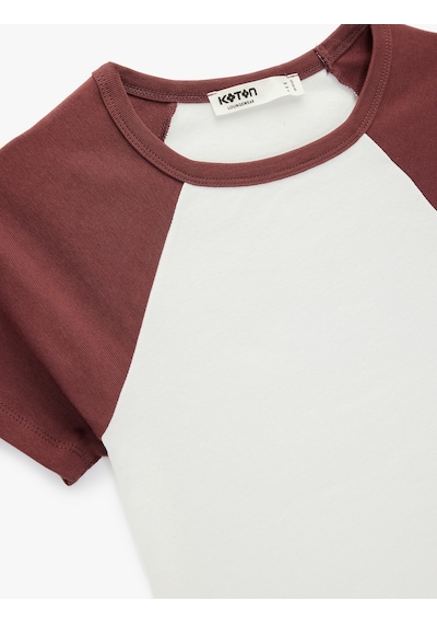 Koton Slim Fit Pamuklu Renk Bloklu Kısa Kollu Bisiklet Yaka Crop Tişört Pijama Üstü Beyaz 6wlk40269mk
