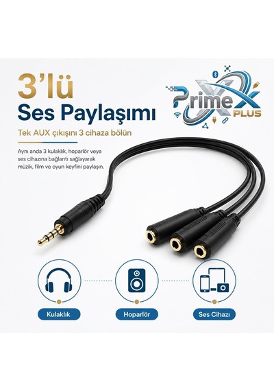 Primex Px-3aux 3 Lü Stereo Çoklayıcı, 3.5 Mm Aux Jak Splitter Kablo, 1 Erkek Giriş 3 Dişi Çıkış, Kulaklık Hoparlör Telefon Pc Araç Ses Paylaşım Adaptörü