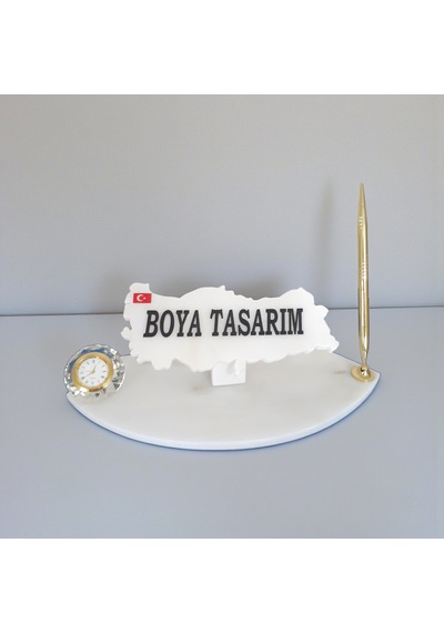 Doğal Beyaz Mermer Sümen Masa İsimliği Gold Detaylı Saat Ve Kalemli