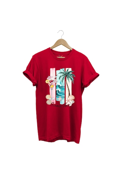 Summer Vibes Yaz Temalı Kokteyl, Palmiye Ve Deniz Desenli %100 Pamuk Regular Fit T-shirt Kırmızı