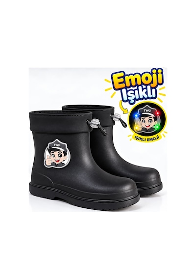 Twingo Çocuk Kışlık Emojili Işıklı Konforlu Yağmur Çizmesi Unisex Siyah
