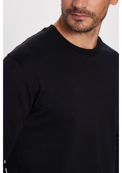 Tudors Unisex Relax Fit Rahat Kesim %100 Pamuk Uzun Kollu Bisiklet Yaka Siyah Basic Tişört-32654 Siyah