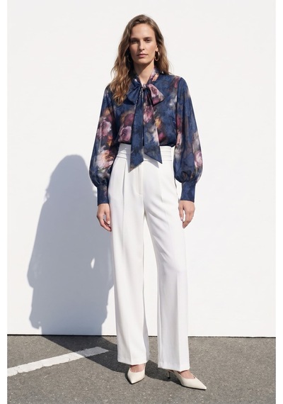 Sateen Fularlı Desenli Gömlek - Lacivert-137420