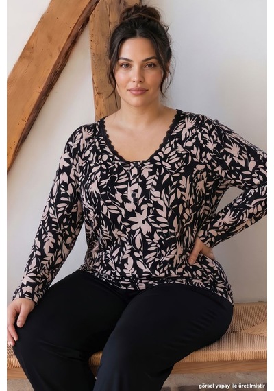 Siyah İnci Desenli Büyük Beden Battal Boy Düğmeli Viskon Örme Pijama Takım 26224863 Çok Renkli Siyah İnci Desenli Büyük Beden Battal Boy Düğmeli Viskon Örme Pijama Takım 26224863 Çok Renkli