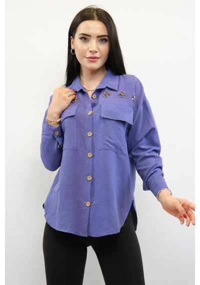 Moda Çizgi Pamuklu Keten Gömlek Mor Çok Renkli