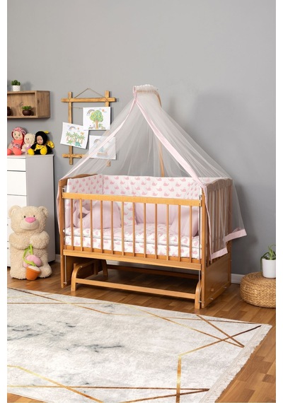 Ahşap Beşik Anne Yanı Beşik Doğal Vernikli 60x120 - Pembe Balina Uyku Seti Yatak Ahşap