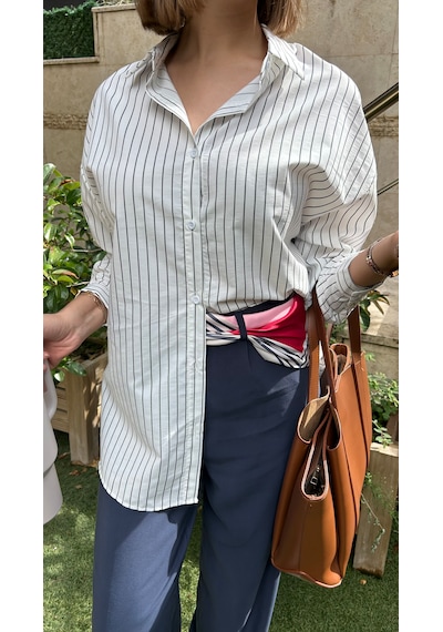 Elif Tarakçı Butik Pamuklu Çizgili Gömlek Mavi Çizgili