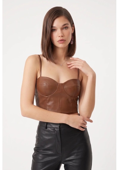 Cemo Deri İnce Askılı Büstiyer Crop Top Taba