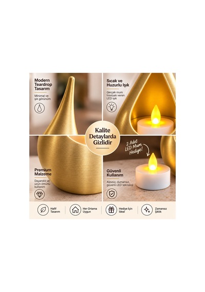 2 Li Dekoratif Mumluk Seti Modern Teardrop Tasarım, 2 Adet Led Mum Hediyeli, Şık Ev Dekorasyonu - Pembe Açık 66982815