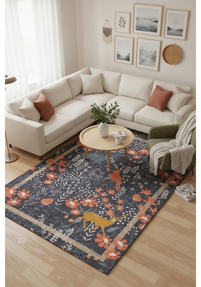 Florart Lacivert / Turuncu Doğa Temalı Çiçekli Dokuma Tabanlı Modern Şönil Halı Al 480 Bej