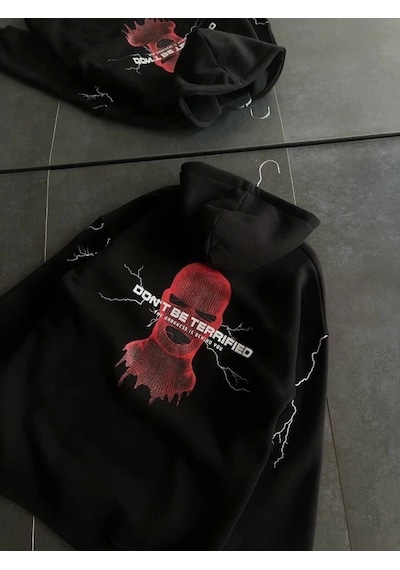 Üç İplik Kapşonlu Baskılı Oversize Sweatshirt- Siyah Siyah